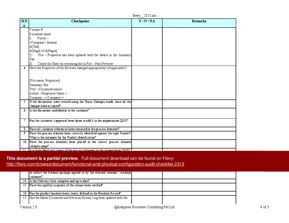 Functional and Physical Configuration Audit Checklist Template Excel XLS