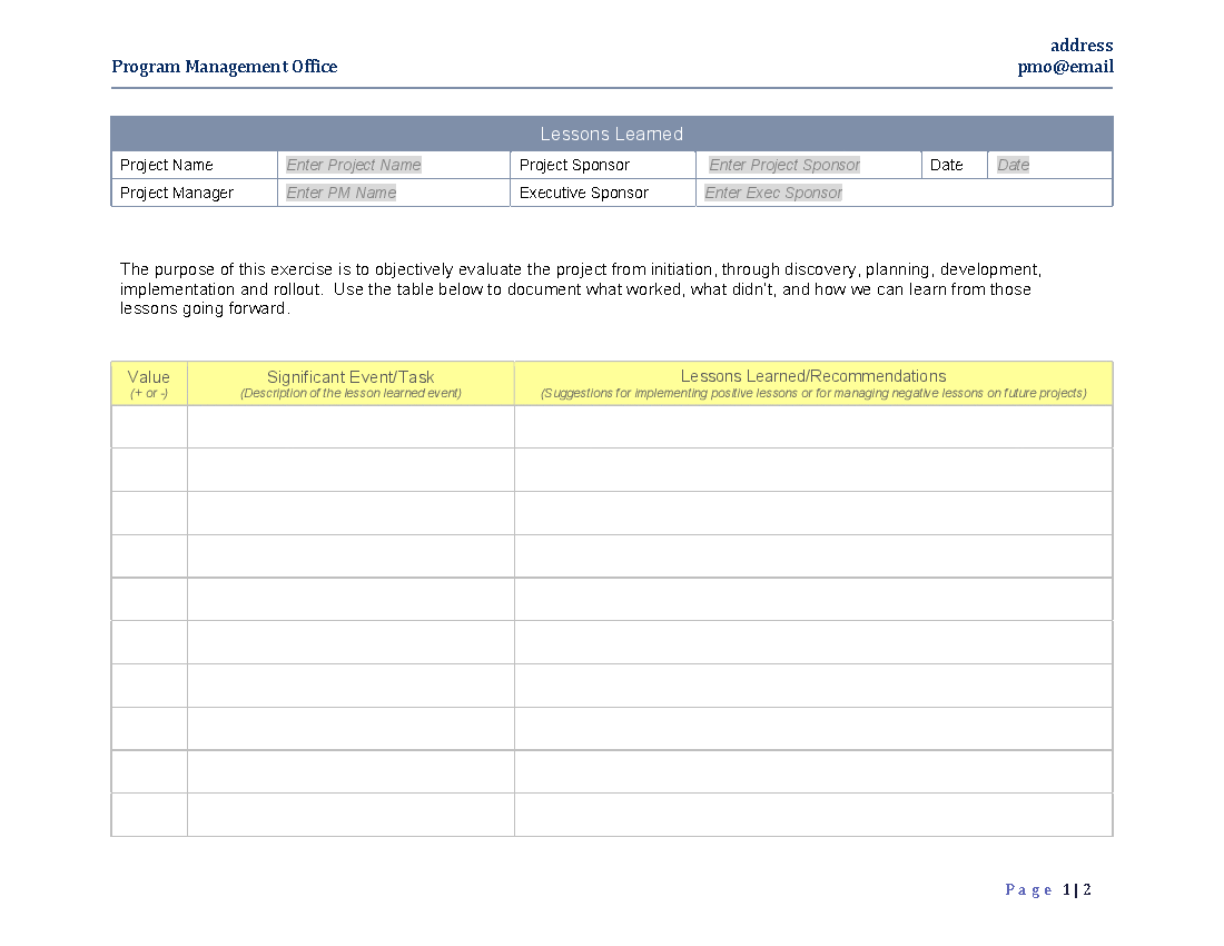 PMO Template - Lessons Learned (2-page Word document) Preview Image