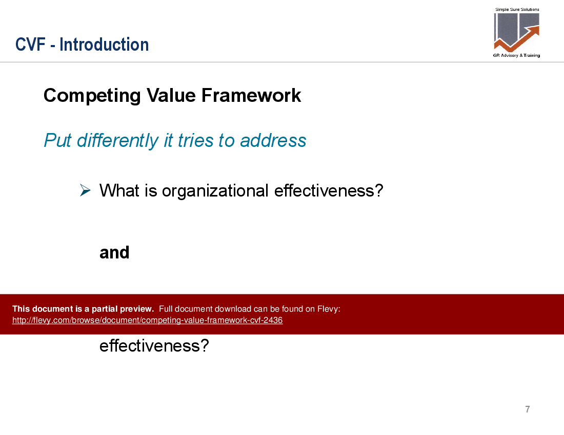This is a partial preview of Competing Values Framework (CVF). Full document is 91 slides. 