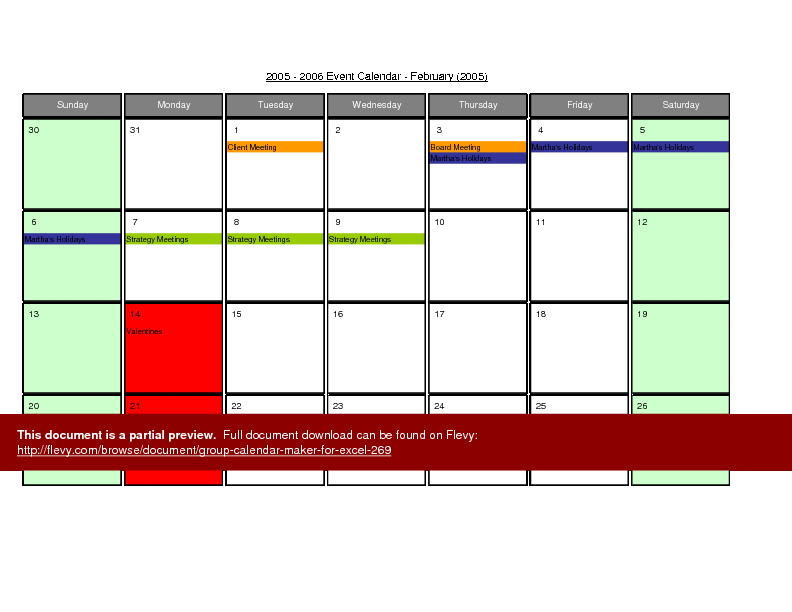 Group Calendar Maker for Excel (Excel workbook (XLS)) Preview Image