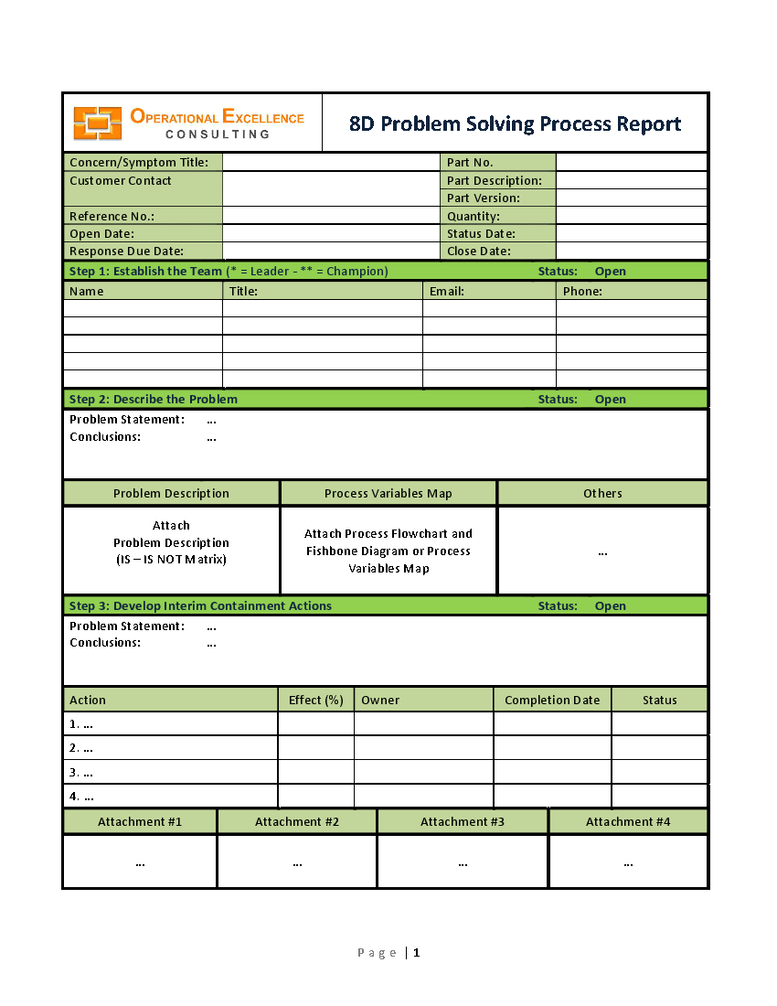 8D Problem Solving Process Report Template (3page Word document