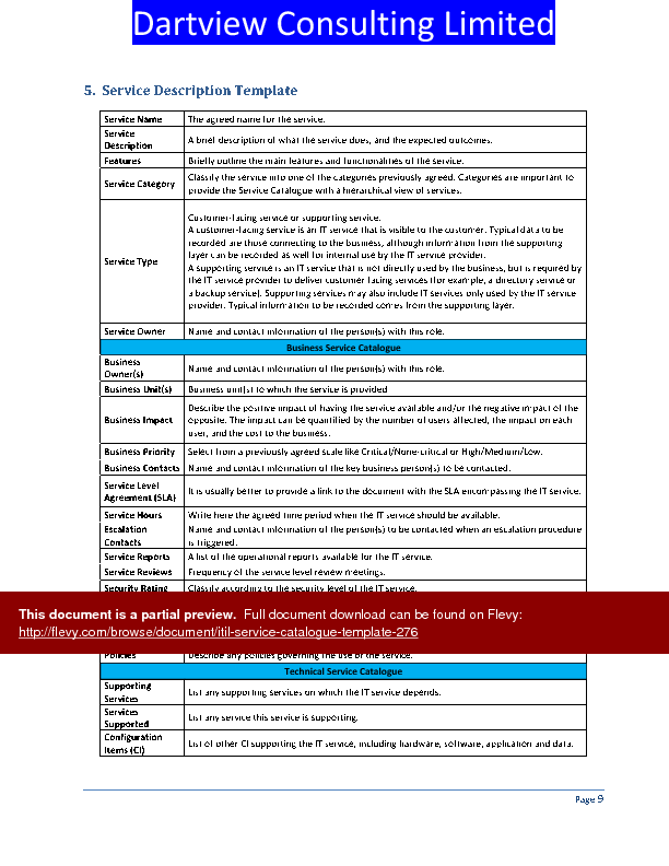Word Template ITIL Service Catalogue Template 11 page Word Document 