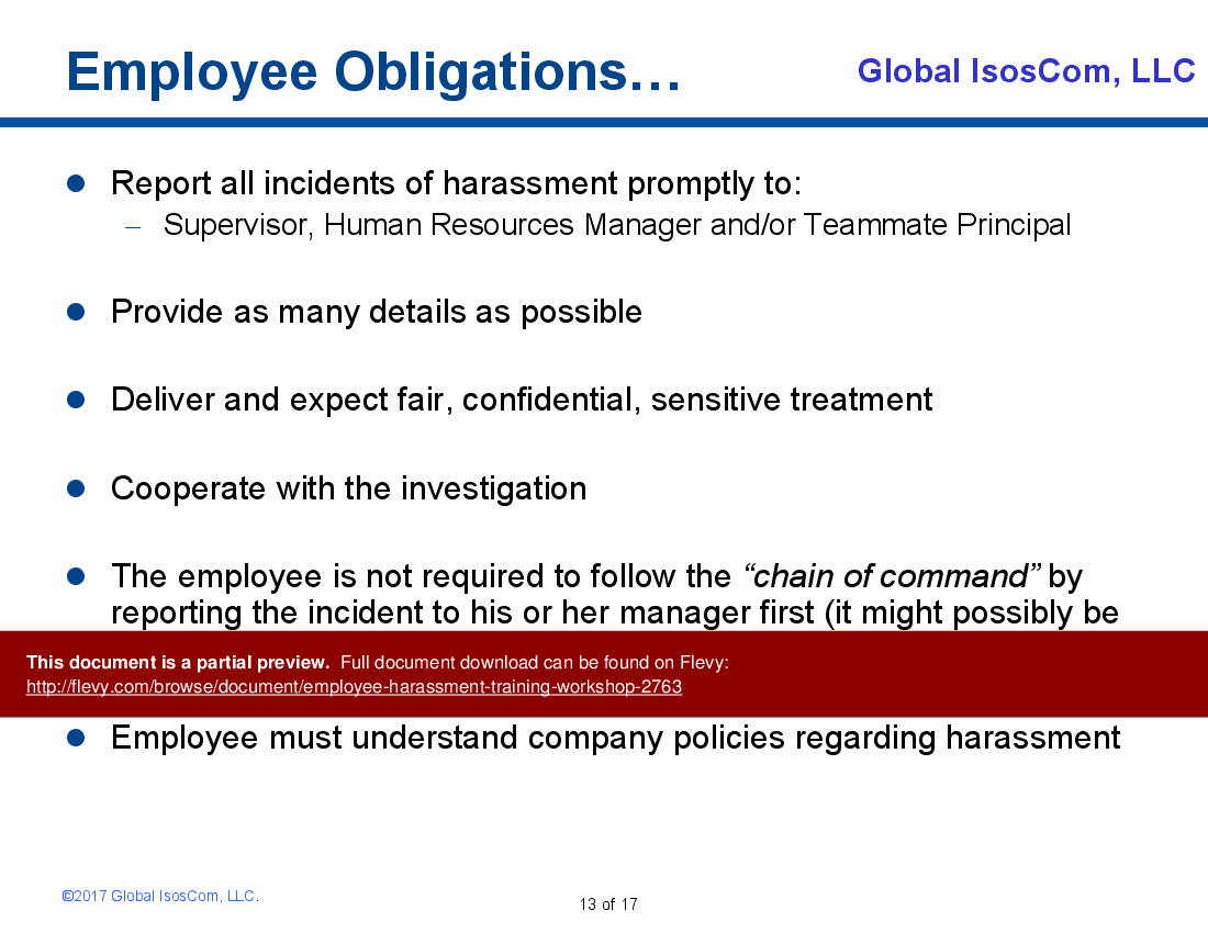 Employee Harassment Training Workshop (17-slide PowerPoint presentation (PPT)) Preview Image