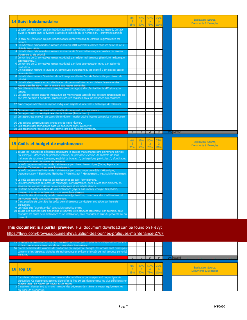 Evaluation des Bonnes Pratiques Maintenance (Excel template (XLSX)) Preview Image