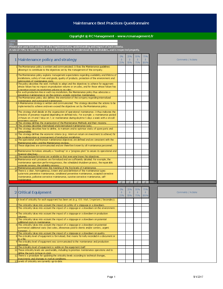 Maintenance Best Practices Questionnaire (Excel template (XLSX)) Preview Image