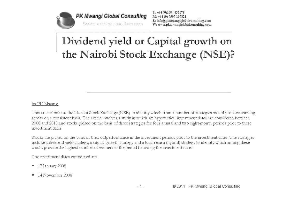 This is a partial preview of Dividend Yield or Capital Growth on the Kenya NSE. Full document is 19 pages. 