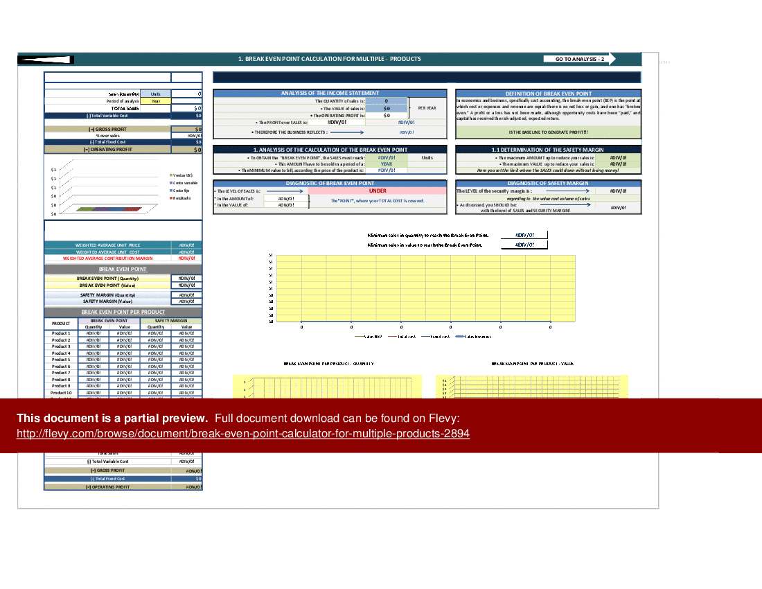 This is a partial preview of Break Even Point Calculator for Multiple Products (Excel workbook (XLSX)). 