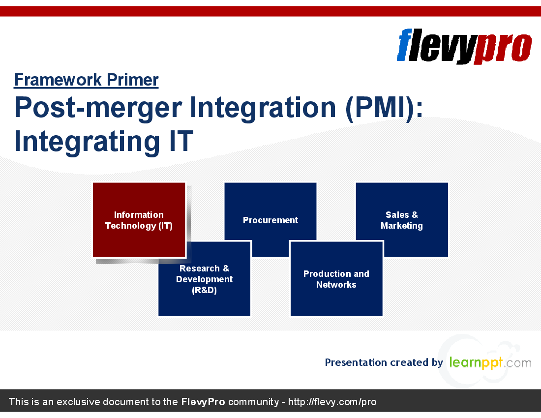 This is a partial preview of Post-merger Integration (PMI): Integrating IT (19-slide PowerPoint presentation (PPT)). Full document is 19 slides. 