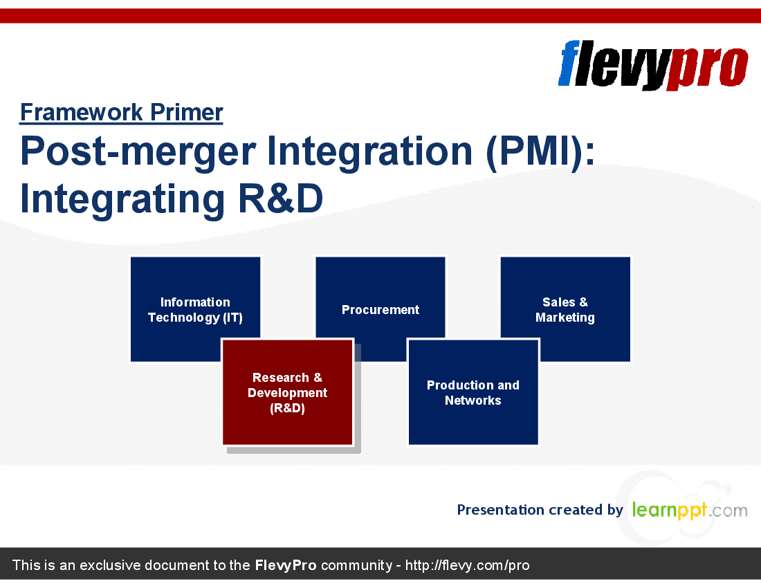 This is a partial preview of Post-merger Integration (PMI): Integrating R&D (17-slide PowerPoint presentation (PPT)). Full document is 17 slides. 