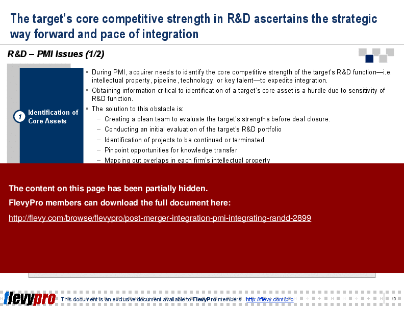 This is a partial preview of Post-merger Integration (PMI): Integrating R&D (17-slide PowerPoint presentation (PPT)). Full document is 17 slides. 