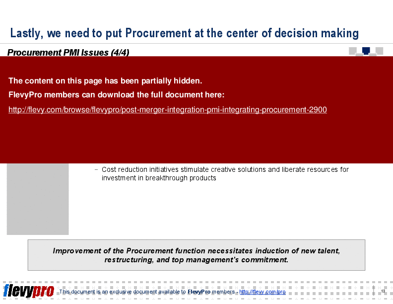 This is a partial preview of Post-merger Integration (PMI): Integrating Procurement (20-slide PowerPoint presentation (PPT)). Full document is 20 slides. 
