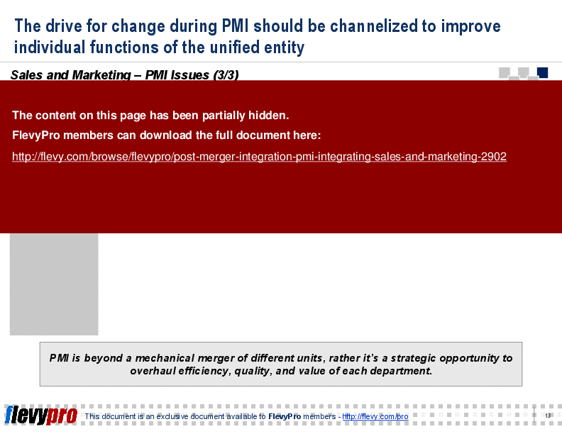 This is a partial preview of Post-merger Integration (PMI): Integrating Sales & Marketing (20-slide PowerPoint presentation (PPT)). Full document is 20 slides. 