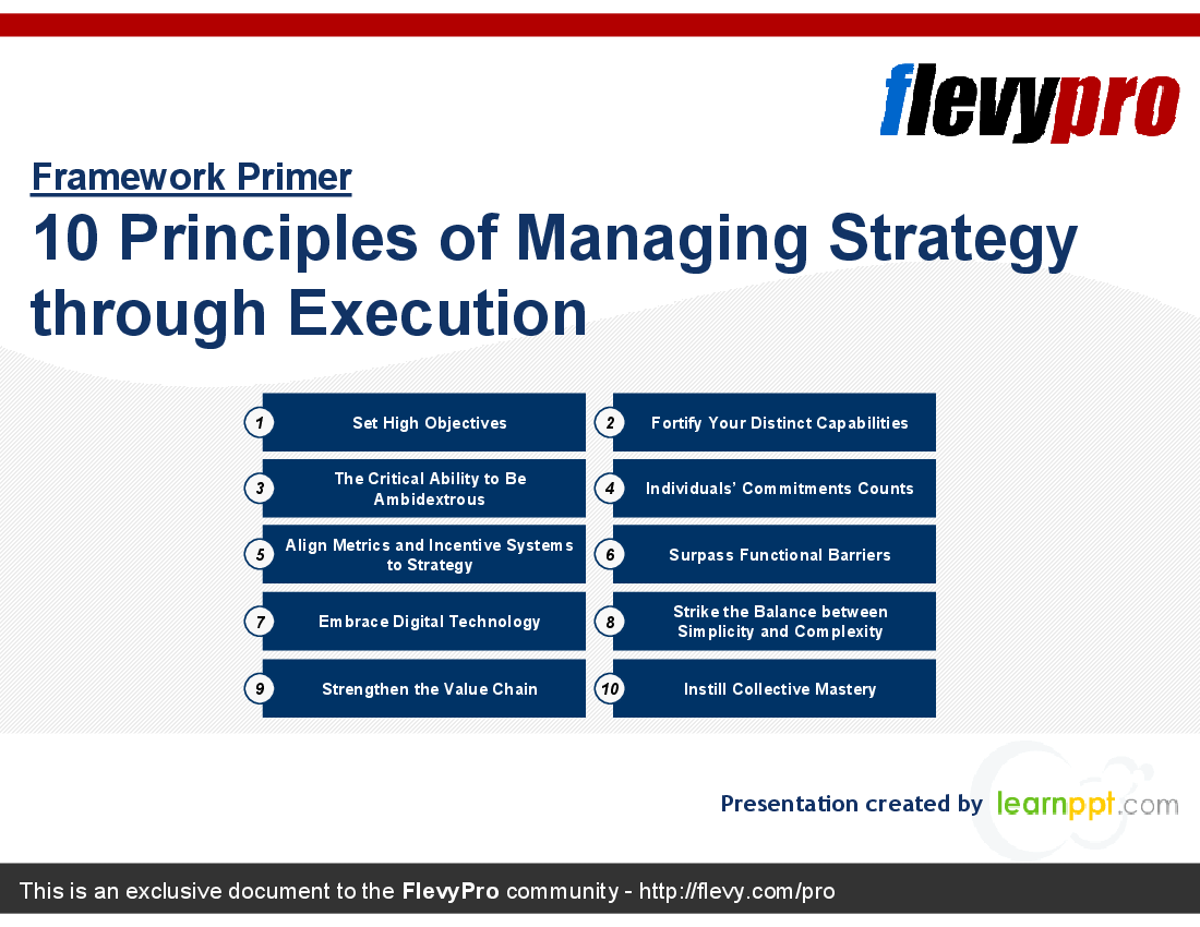 This is a partial preview of 10 Principles of Managing Strategy through Execution (21-slide PowerPoint presentation (PPT)). Full document is 21 slides. 
