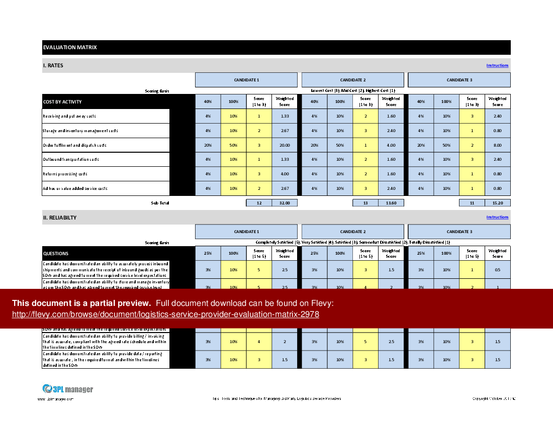 This is a partial preview of Logistics Service Provider Evaluation Matrix (Excel workbook (XLSX)). 