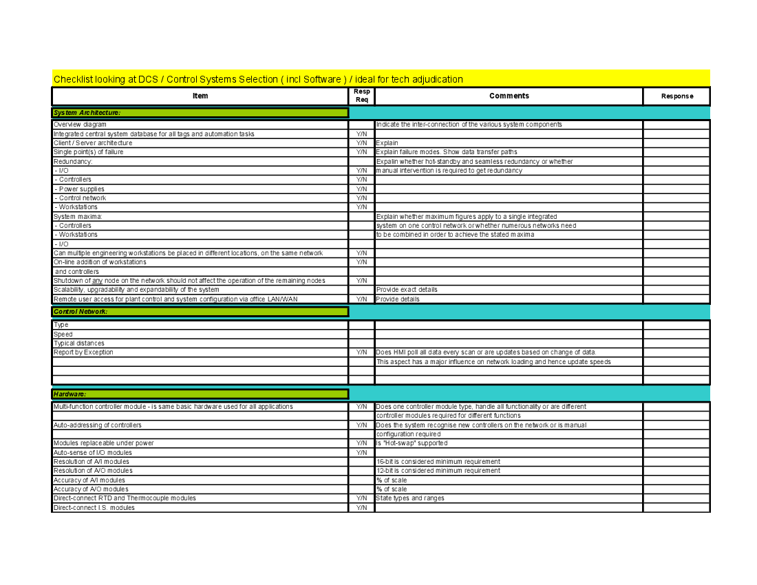 Checklist for DCS / Control Systems Selection (Excel template (XLS)) Preview Image