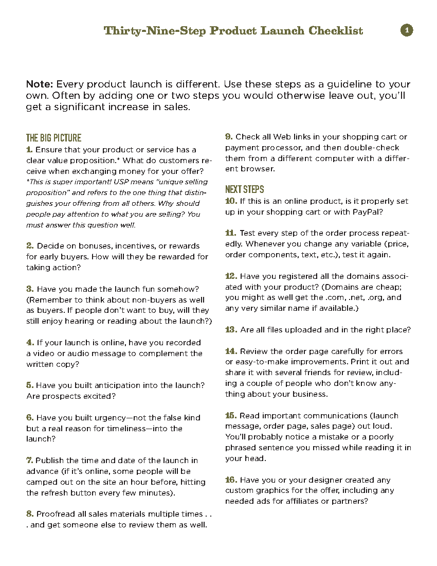 39 Step Product Launch Checklist (3-page PDF document) Preview Image
