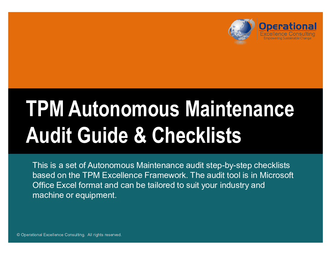 This is a partial preview of TPM Autonomous Maintenance Audit Guide & Checklists (28-slide PowerPoint presentation (PPTX)). Full document is 28 slides. 