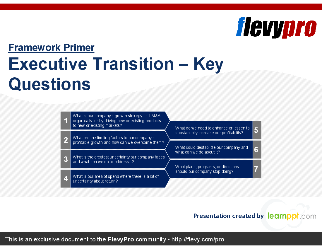 This is a partial preview of Executive Transition - Key Questions. Full document is 20 slides. 