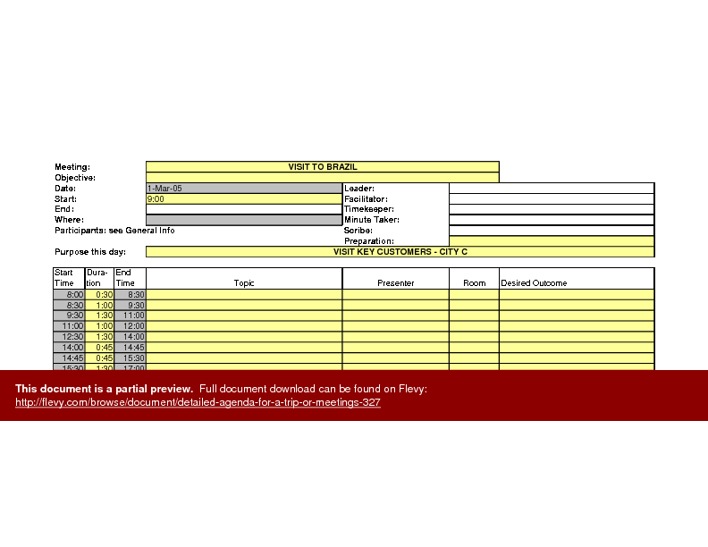 Detailed Agenda for a Trip or Meetings (Excel template (XLS)) Preview Image