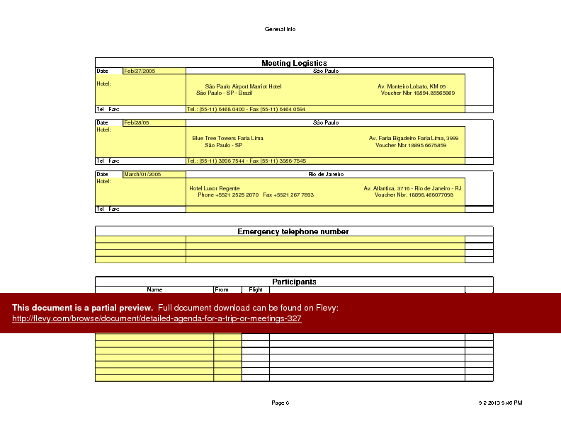 Detailed Agenda for a Trip or Meetings (Excel template (XLS)) Preview Image