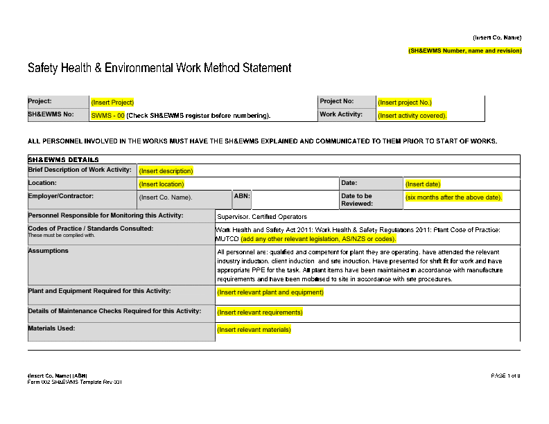 Safe Work Method Statement Template Free Download