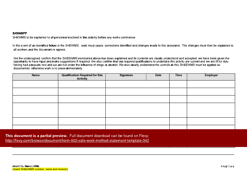 Form 002 - Safe Work Method Statement Template (8-page Word document) Preview Image