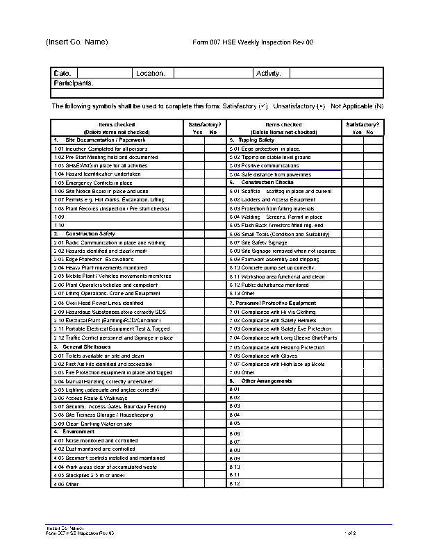 Form 007 - HSE Weekly Inspection