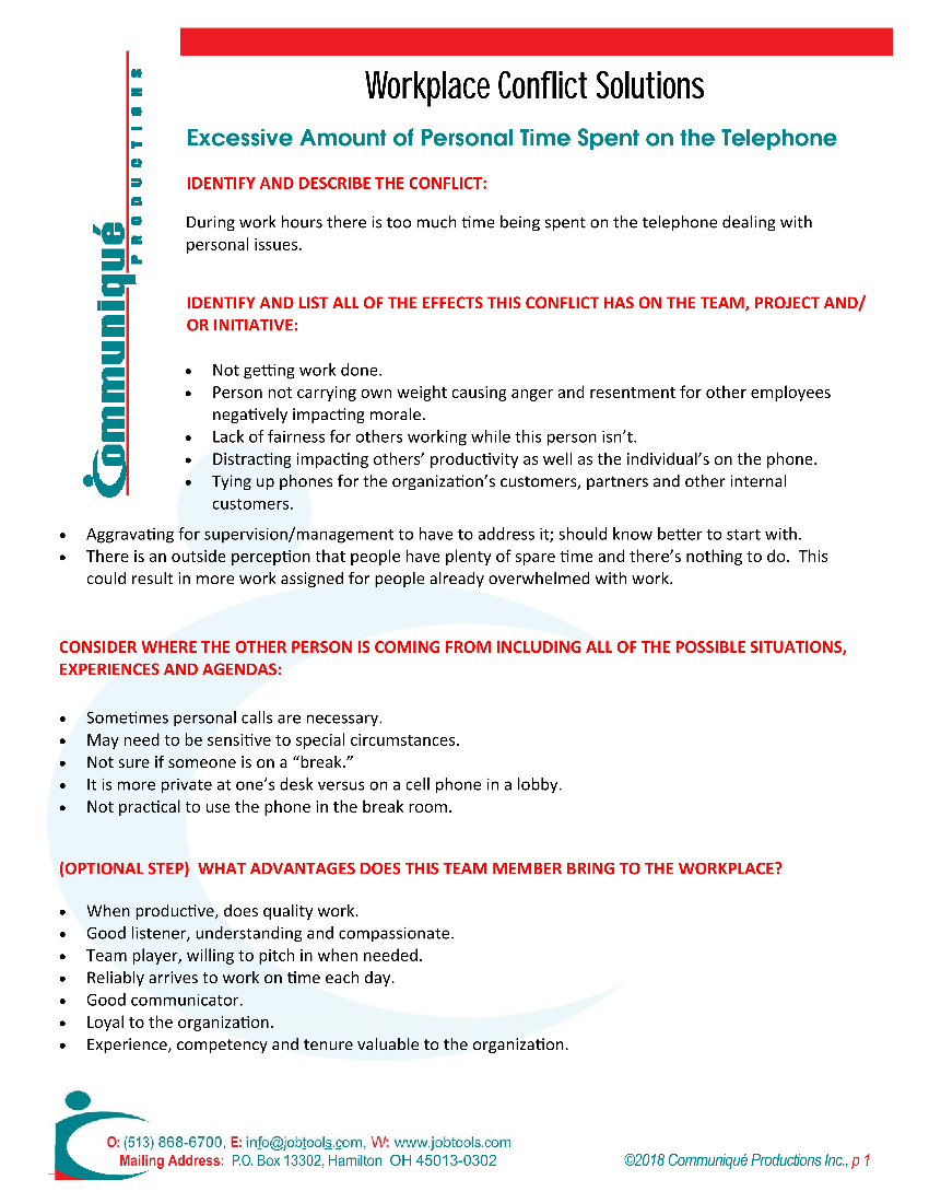 Resolving Workplace Conflicts: General - Excessive Time on Telephone (3-page PDF document) Preview Image