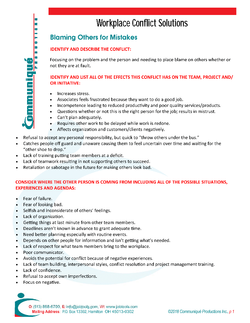 Resolving Workplace Conflicts: General - Blaming Others for Mistakes (4-page PDF document) Preview Image