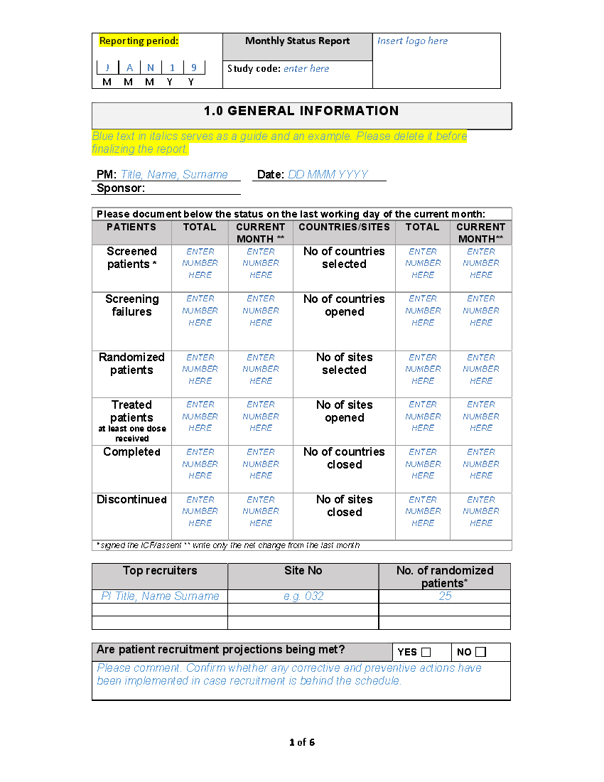 Monthly Status Report Template