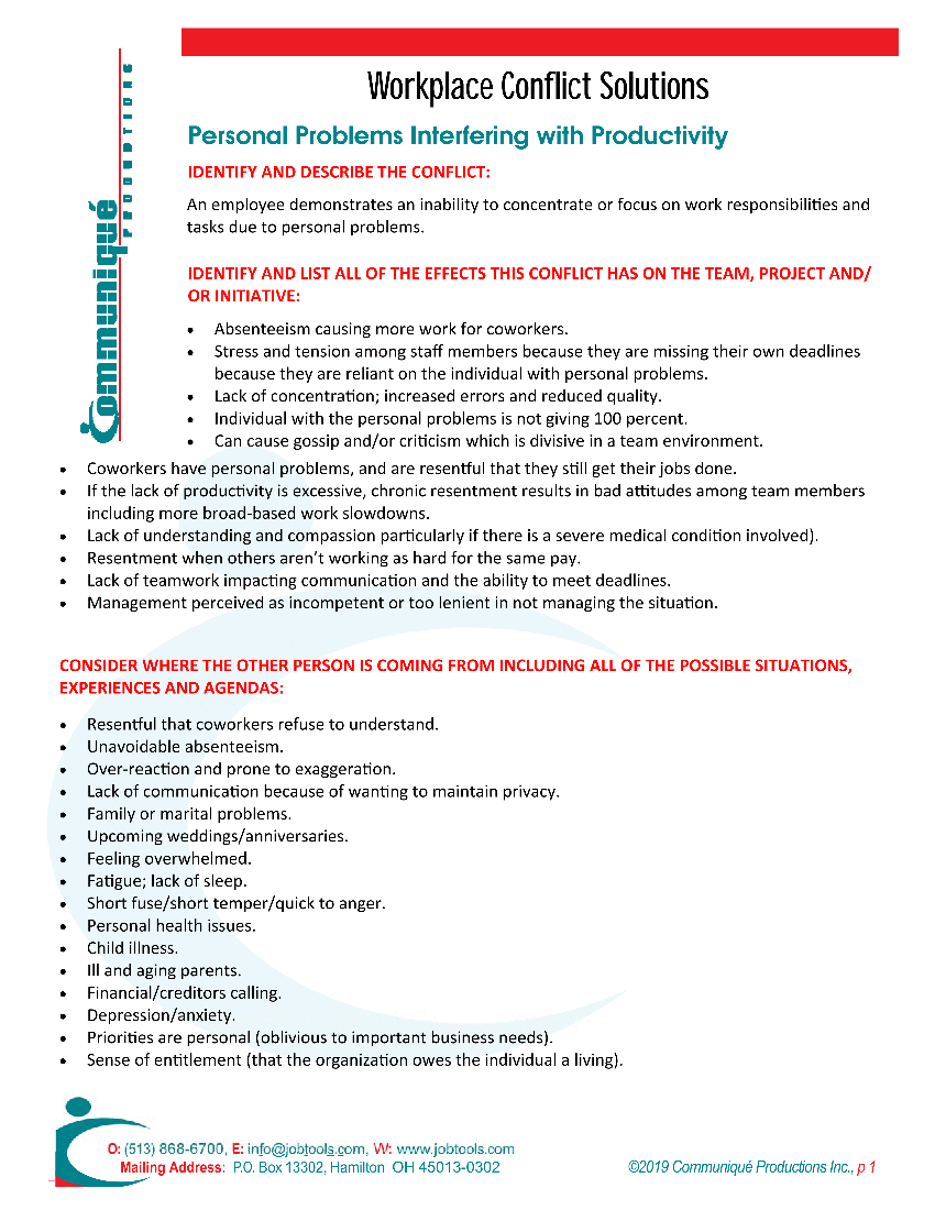 Resolving Workplace Conflicts: General - Personal Problems Interfering with Productivity (3-page PDF document) Preview Image