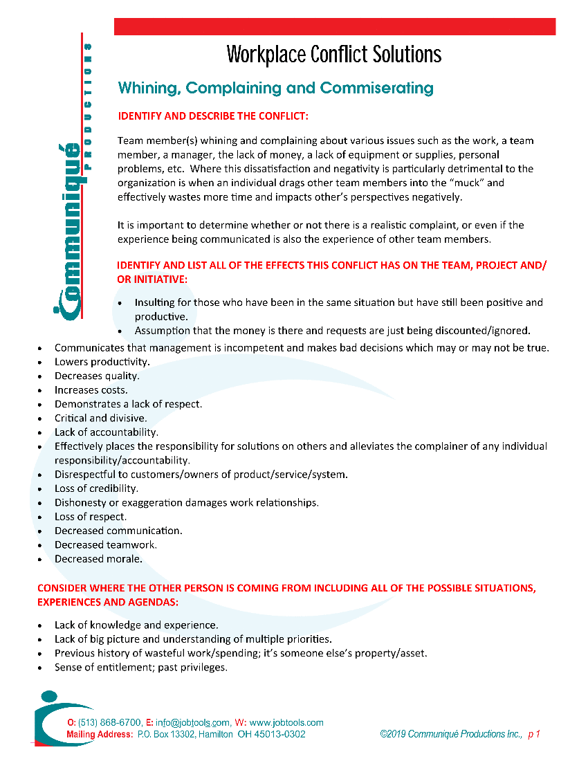 Resolving Workplace Conflicts: General - Whining, Complaining, Commiserating