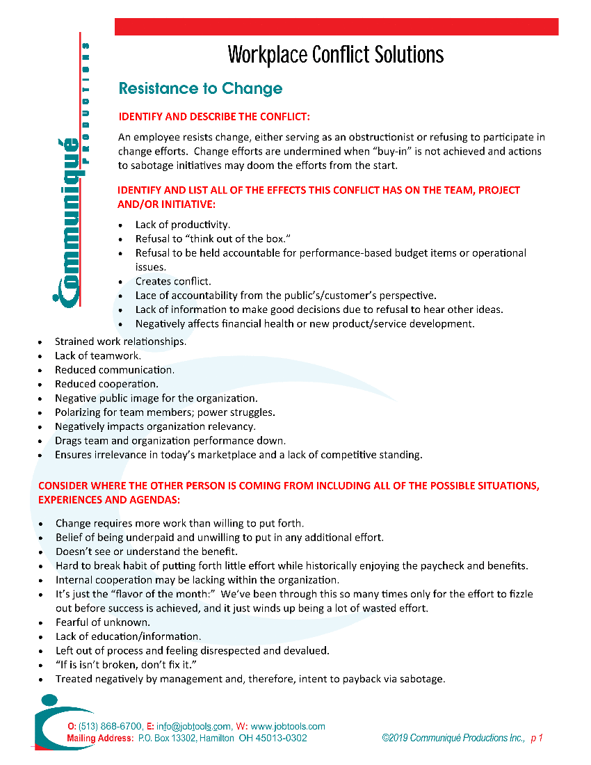 Resolving Workplace Conflicts: General - Resistance to Change