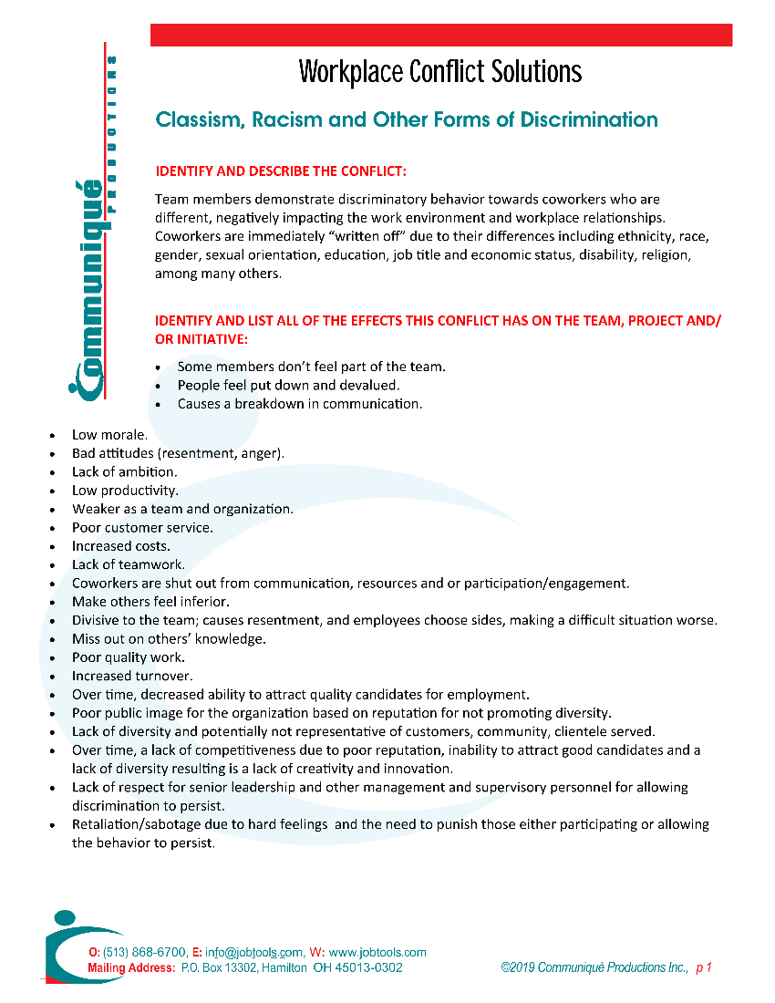 Resolving Workplace Conflicts: Employee Relations - Classism, Racism, Other Discrimination (4-page PDF document) Preview Image