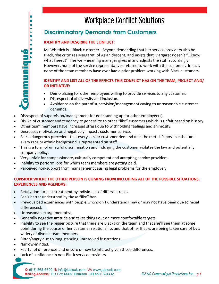 Resolving Workplace Conflicts: Employee Relations - Discriminatory Demands from Customers (4-page PDF document) Preview Image