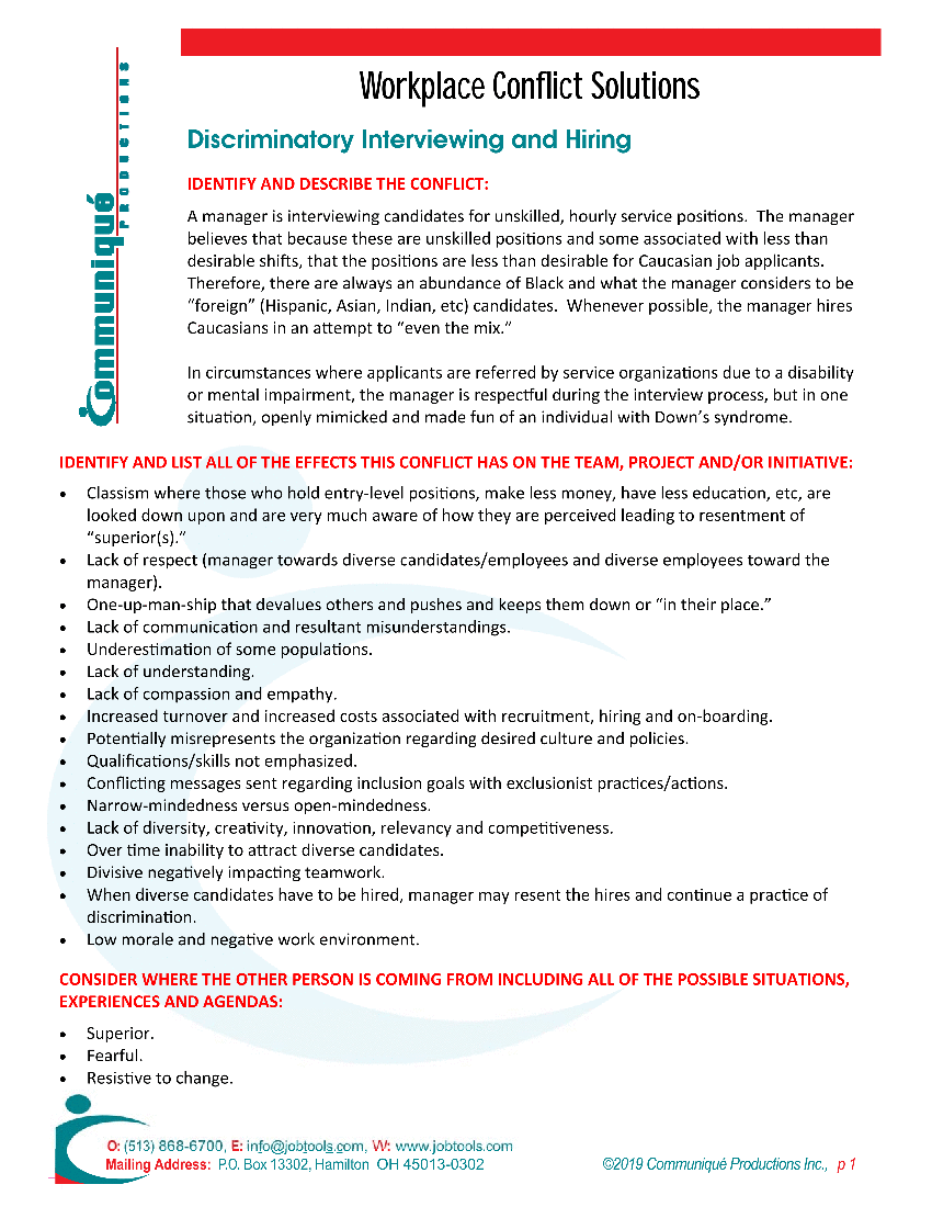 Resolving Workplace Conflicts: Employee Relations - Discriminatory Interviewing & Hiring (4-page PDF document) Preview Image