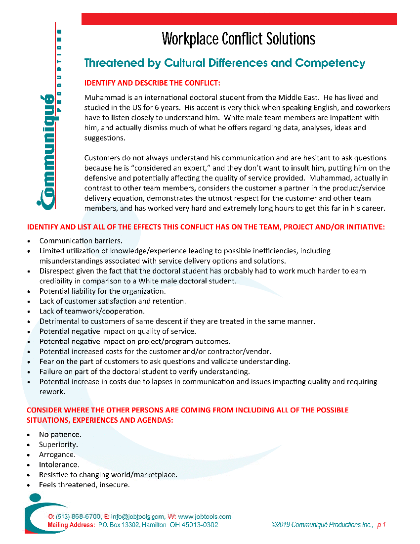 Resolving Workplace Conflicts: Employee Relations - Being Threatened by Cultural Differences & Competency (4-page PDF document) Preview Image