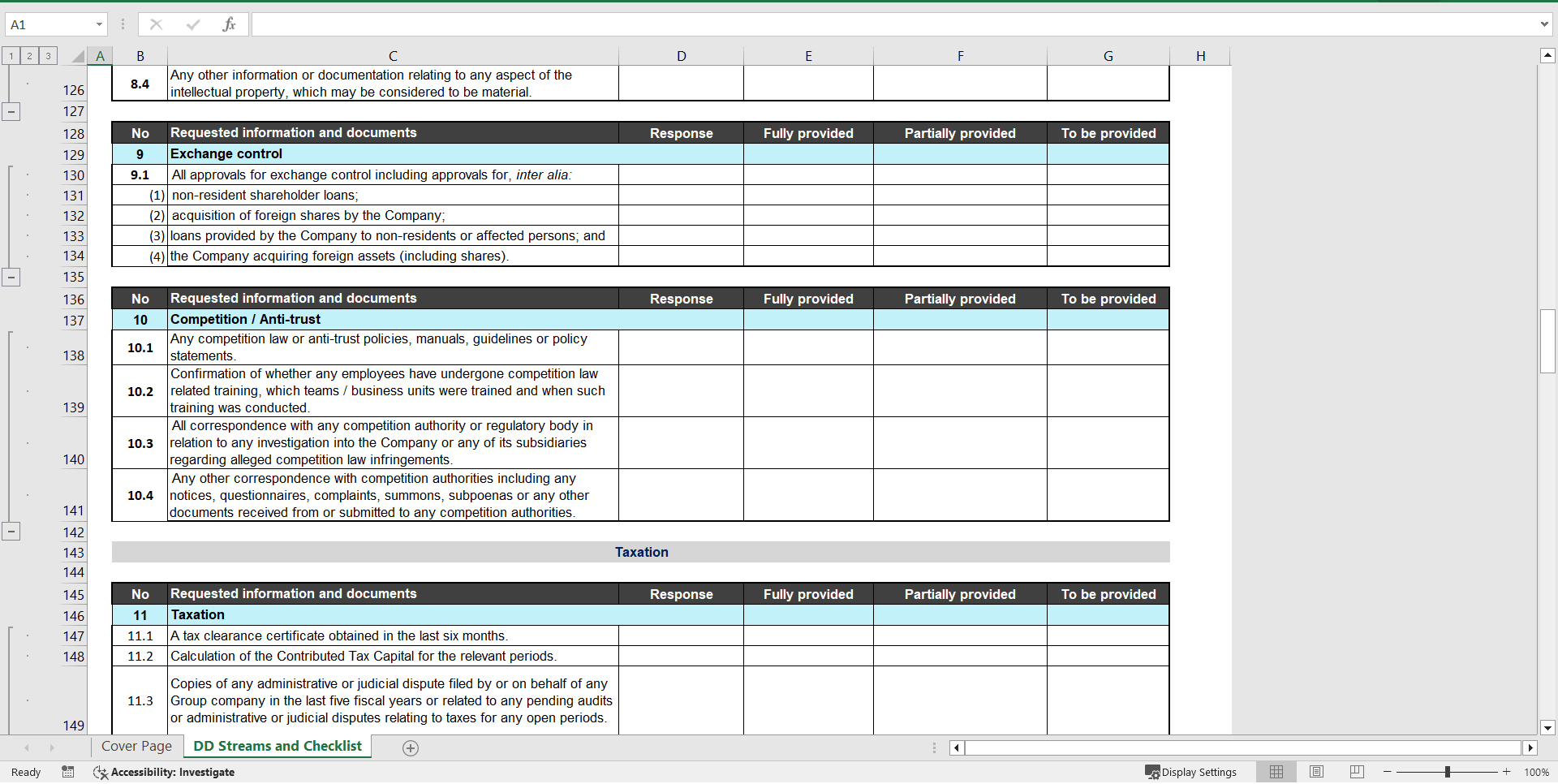 Comprehensive Due Diligence Information Request List (M&A) (Excel