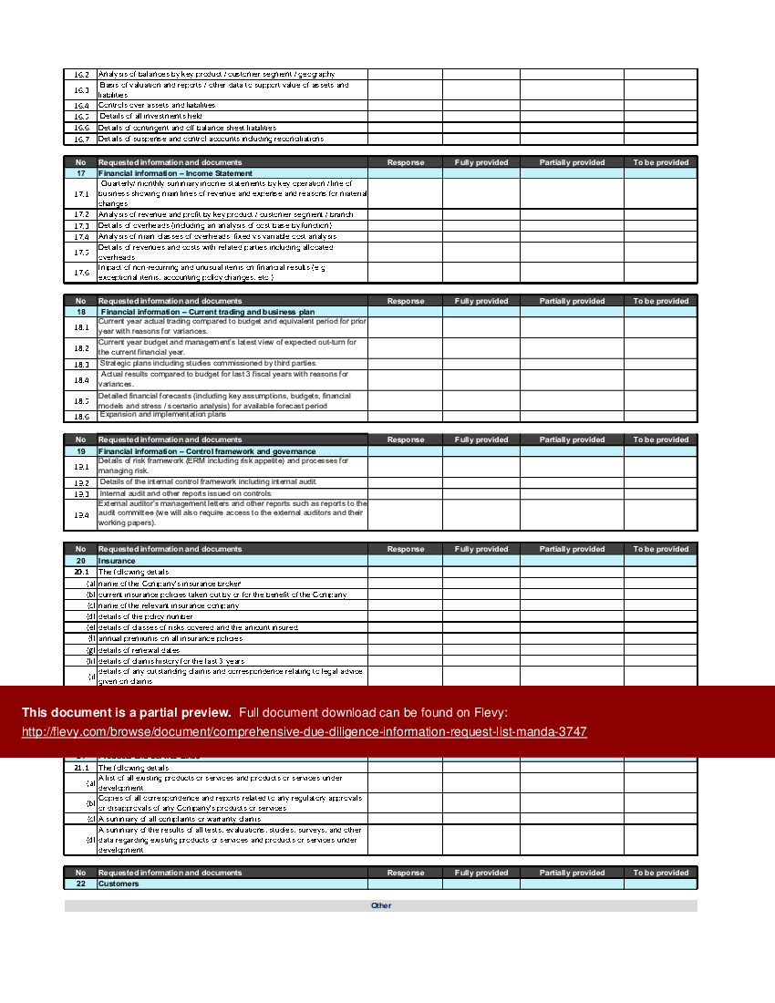 Financial Due Diligence Information Request List (M&A) (Excel template (XLSX)) Preview Image