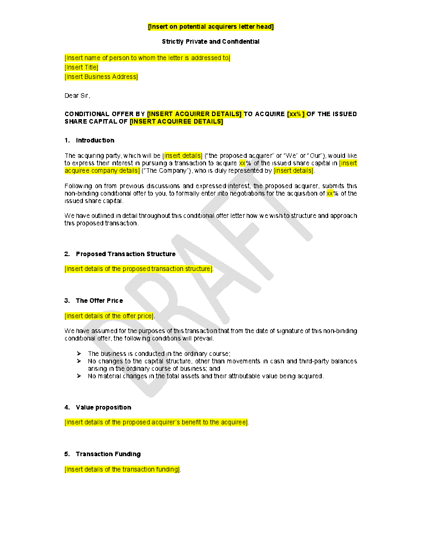 M&A Buy-Side Non Binding Offer Letter (4-page Word document) Preview Image