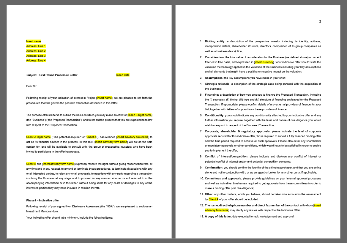 M&A Sell-Side Process Letter - Phase I and Phase II (5-page Word document) Preview Image