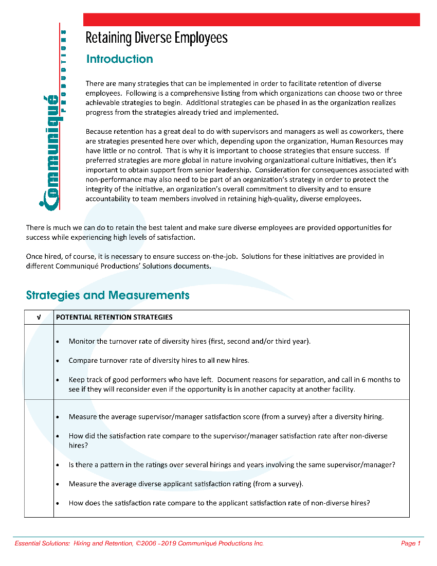 Recruiting, Selection & Retention: Retain Diverse Employees (4-page PDF document) Preview Image