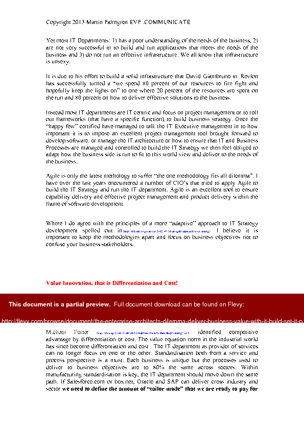 The Enterprise Architects Dilemma: Deliver Business Value with IT! - Build: - Set IT processes and key performance indicators (136-page PDF document) Preview Image