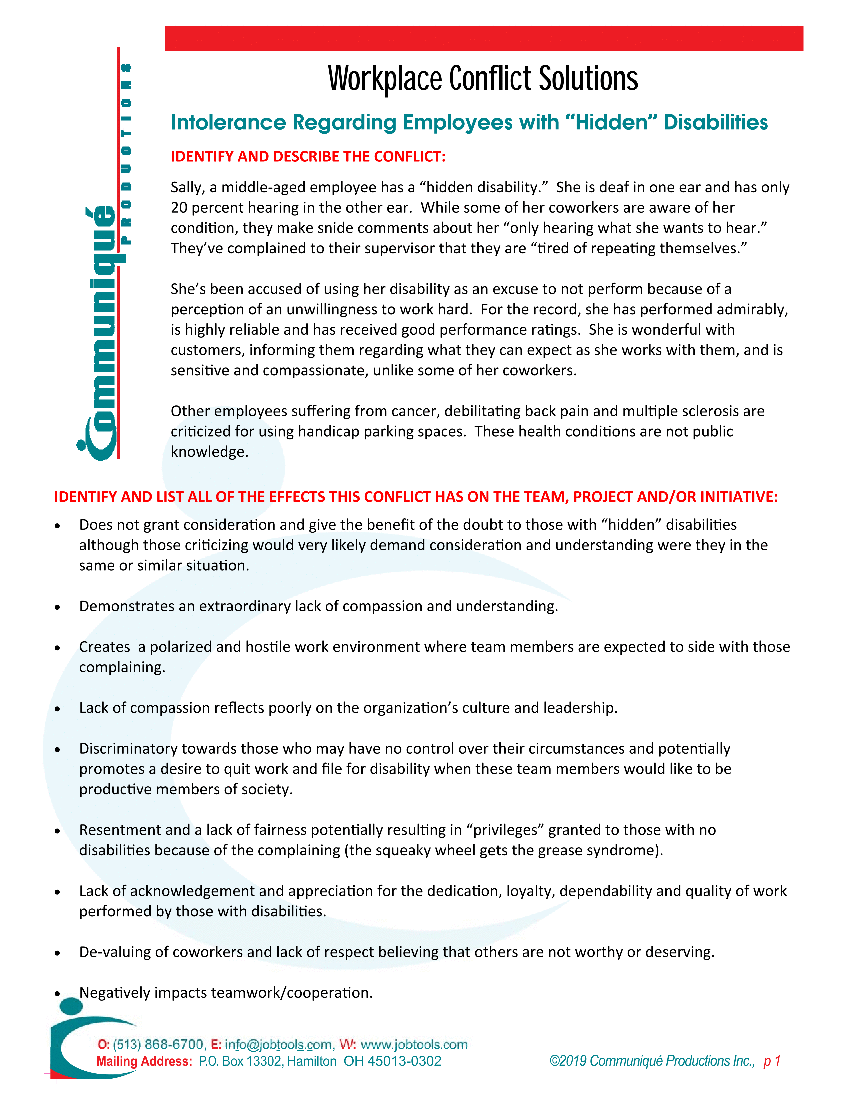 Resolving Workplace Conflicts: Employee Relations - Intolerance of Hidden Disabilities