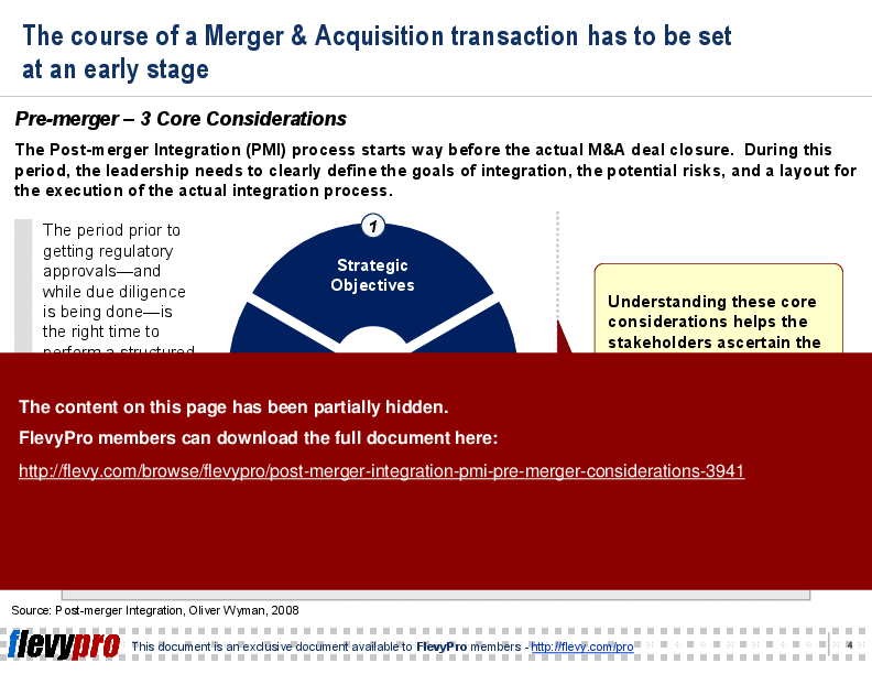 This is a partial preview of Post-merger Integration (PMI): Pre-merger Considerations (19-slide PowerPoint presentation (PPT)). Full document is 19 slides. 