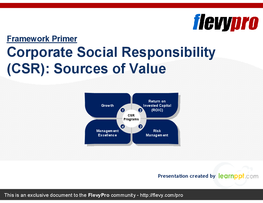 This is a partial preview of Corporate Social Responsibility (CSR): Sources of Value (29-slide PowerPoint presentation (PPT)). Full document is 29 slides. 