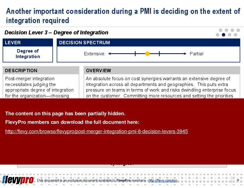 This is a partial preview of Post-merger Integration (PMI): 8 Decision Levers (25-slide PowerPoint presentation (PPT)). Full document is 25 slides. 