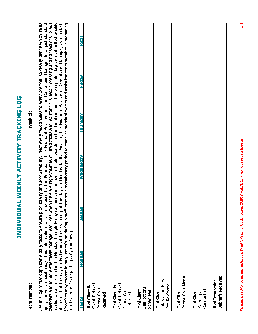 FAS Individual & Compiled Weekly Productivity Tracking Logs (5-page PDF document) Preview Image
