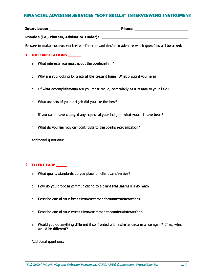 Financial Advising "Soft Skills" Interviewing Instrument (9-page PDF document) Preview Image