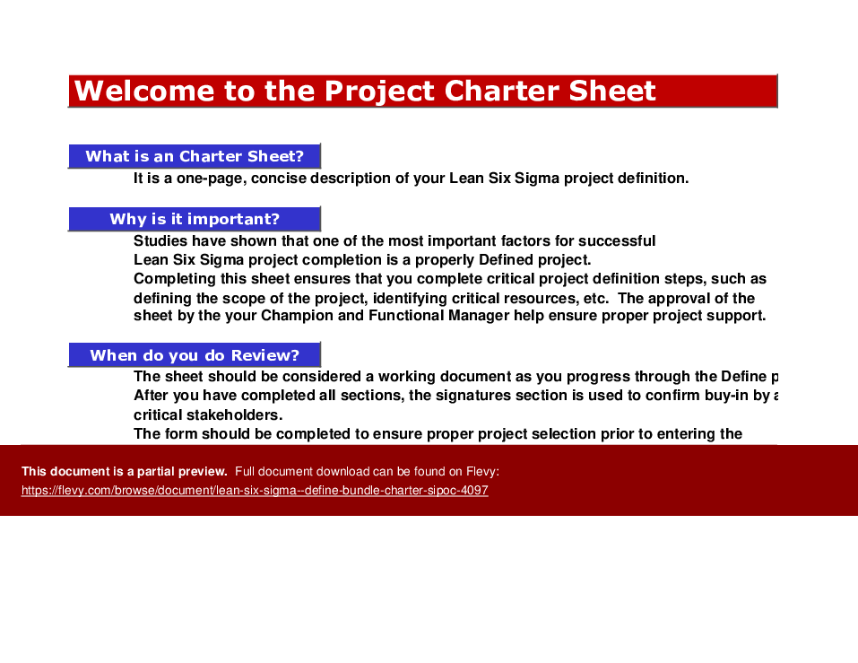 This is a partial preview of Lean Six Sigma - Define Bundle (Charter, SIPOC) (Excel workbook (XLSX)). 